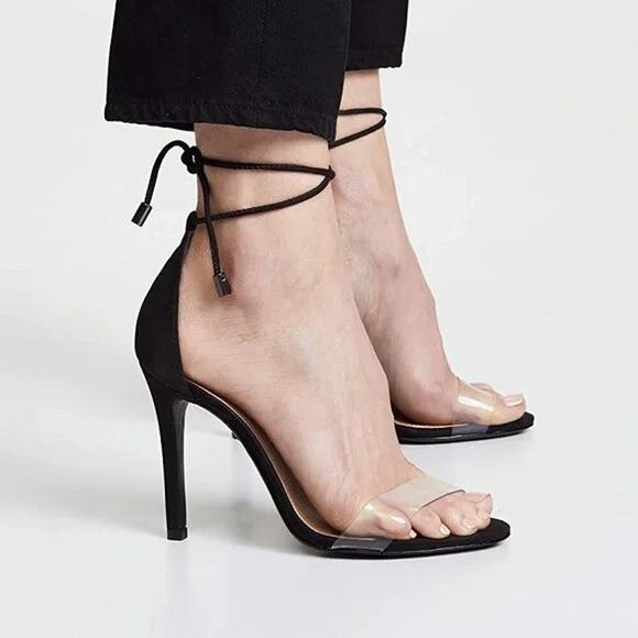 Schutz Black Suede Clear Strap Josseana Sandal Heels Size 5 - Picture 3 of 8